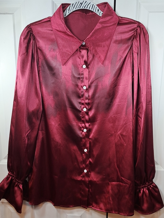 Tops - Satin Button-Up Blouse in Deep Burgundy NWT